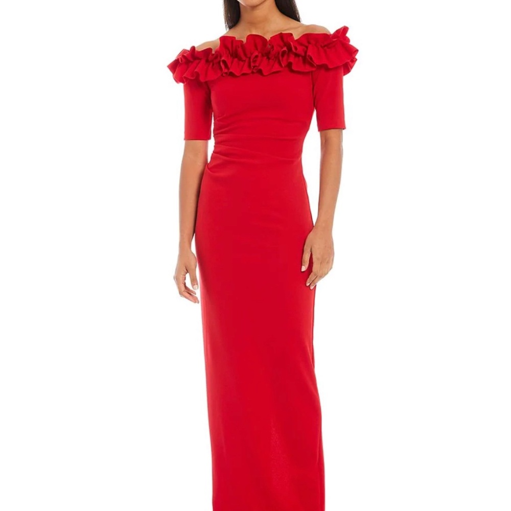 Xscape, red gown with ruffle neckline.
